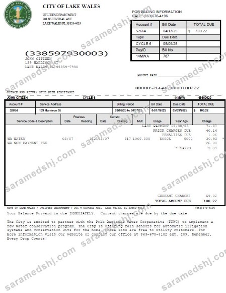 USA City of Lake Wales utility bill template in Word and PDF formats